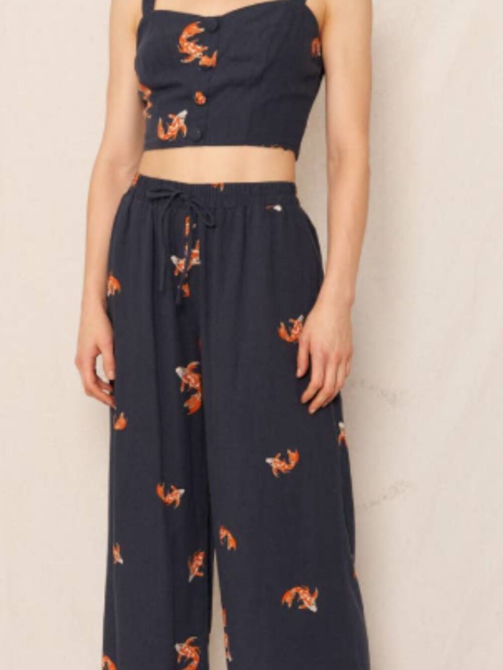Women's Navy Blue Koi Print Linen Pants - Picture 3 of 4